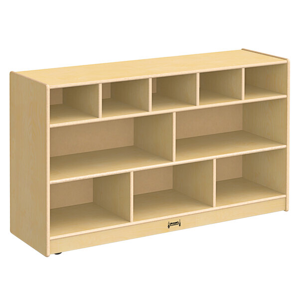 A Jonti-Craft Baltic Birch wood storage unit with shelves.