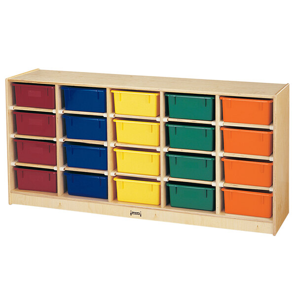 A Jonti-Craft wooden storage cabinet with colorful bins on each shelf.