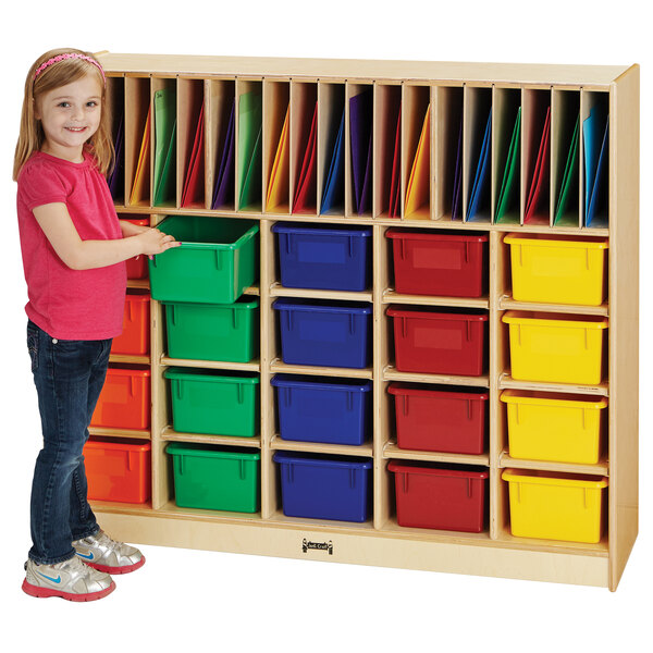 Jonti-Craft Baltic Birch 0418JC 48" x 15" x 40" Wood Classroom Organizer with Colored Cubbie Trays