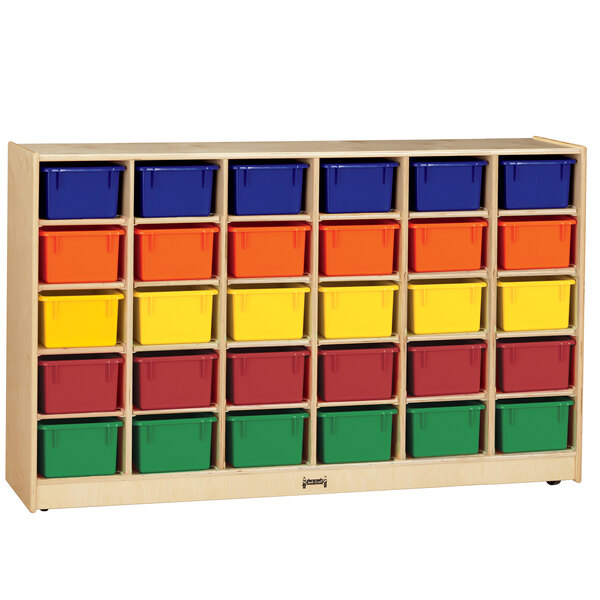 A Jonti-Craft wooden storage cabinet with many small colored bins on wheels.