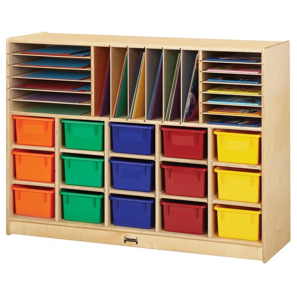 A Jonti-Craft wooden storage cabinet with many colored bins on wood shelves.