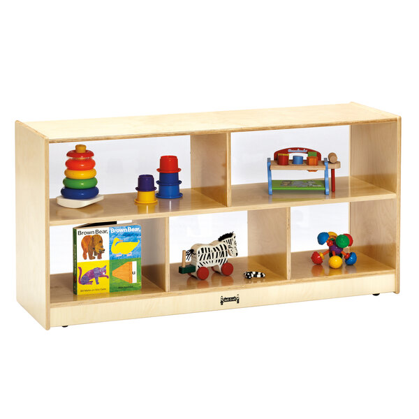 A Jonti-Craft wooden mobile storage cabinet with toys on the shelves.