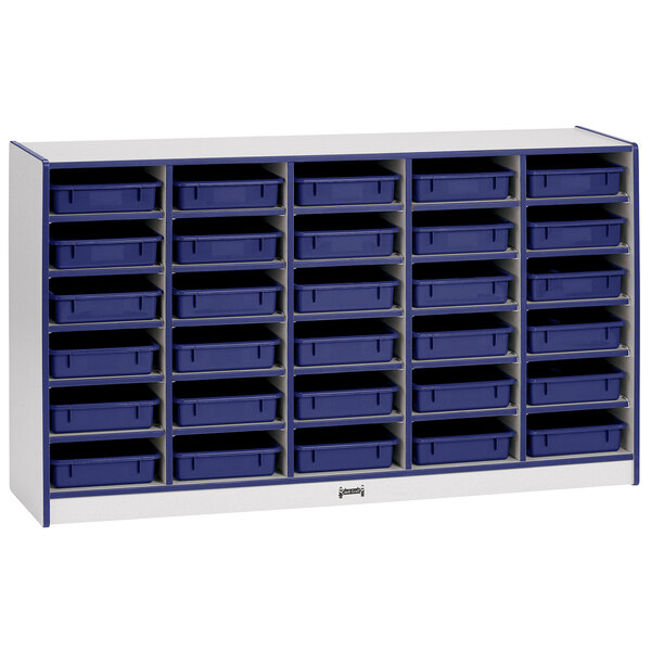 A white storage unit with blue shelves and bins.