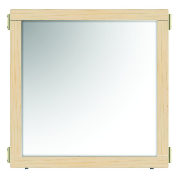 A square mirror with a wooden frame.