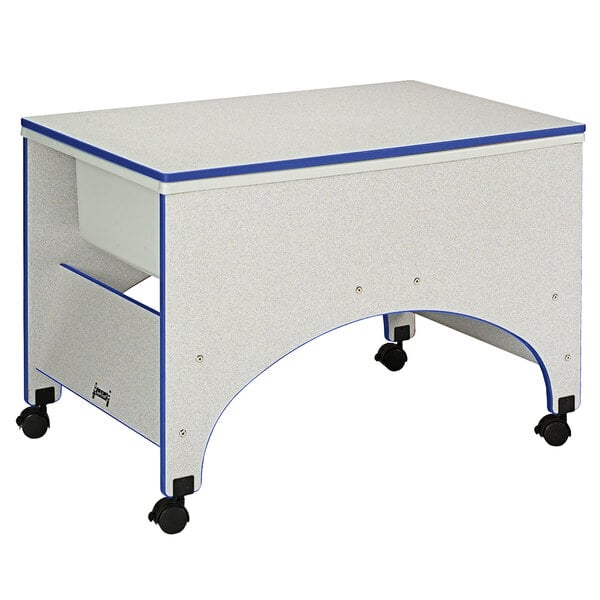 A blue and gray mobile sensory table with wheels.