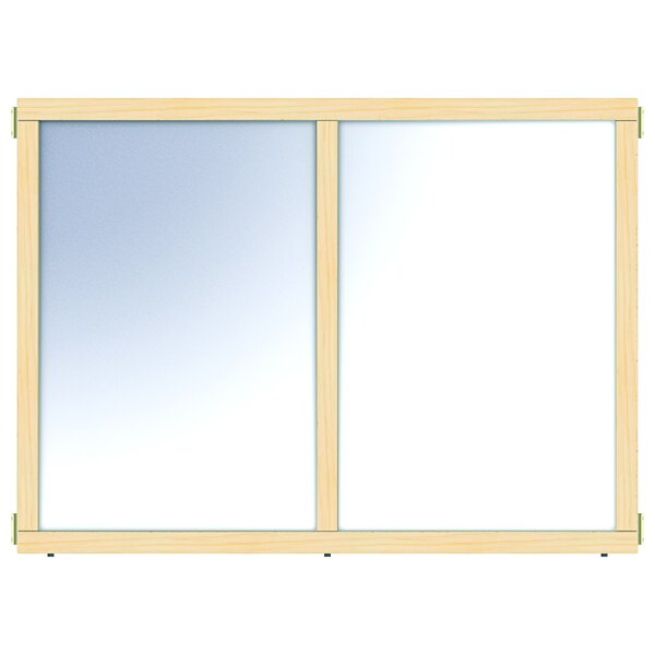 A close up of a wooden frame with a mirror panel inside.