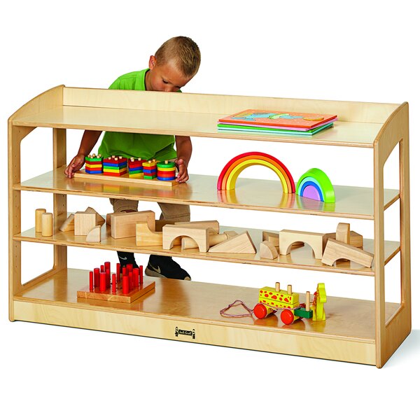 A child playing with toys on a Jonti-Craft wooden storage cabinet.