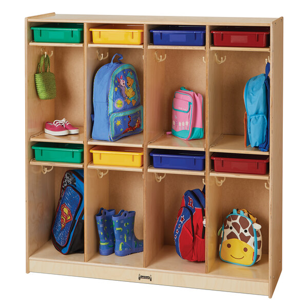 A Jonti-Craft wooden take-home center with colored plastic paper trays inside.