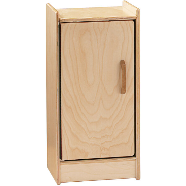 A Jonti-Craft Toddler Contempo wooden refrigerator cabinet with a door and handle.