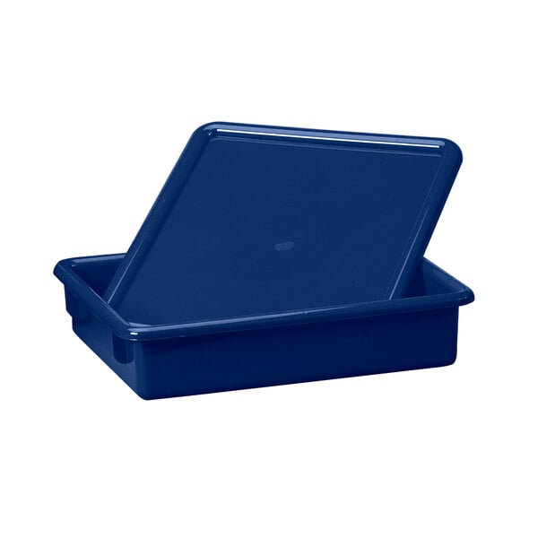 A navy blue plastic paper tray with a lid.