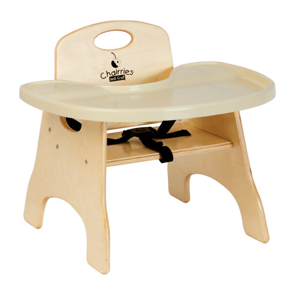 A Jonti-Craft wooden High Chair with a black seat.