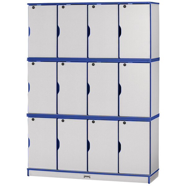 A blue, white, and gray Rainbow Accents triple stack locker with 12 doors.