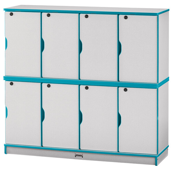 A teal and gray Rainbow Accents double stack locker with eight doors.