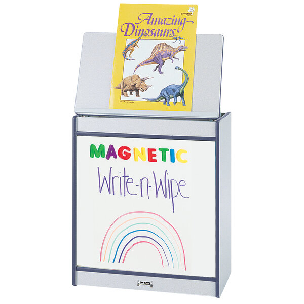 A Rainbow Accents navy big book easel with a magnetic white write-on board.