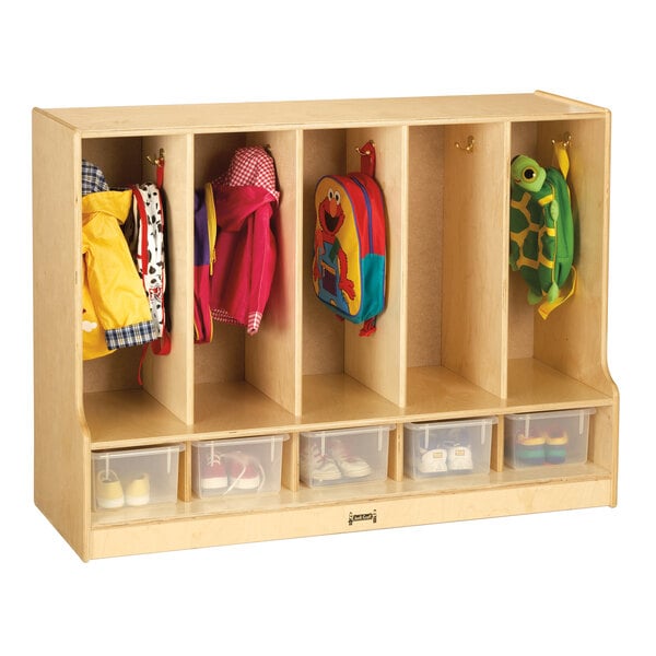 A Jonti-Craft wooden toddler-height coat locker with clear bins.