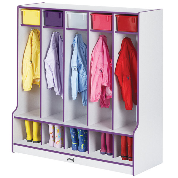 A white and purple Rainbow Accents 5-section coat locker with different colored coats hanging inside.