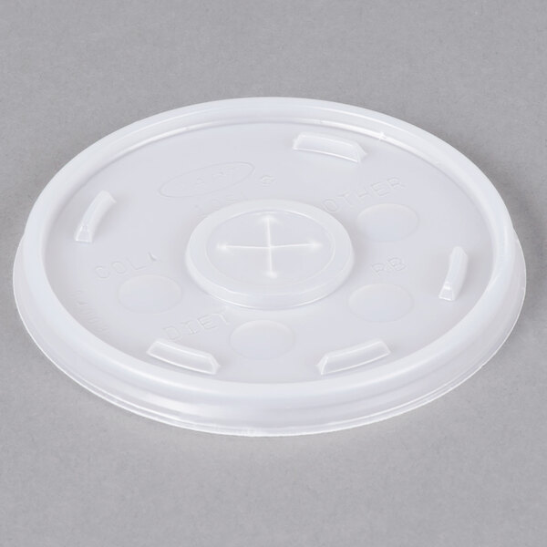 A white translucent plastic lid with a curved edge and a straw slot.