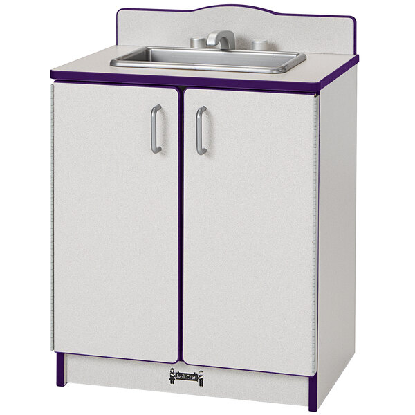 A purple and white Rainbow Accents kitchen sink with two doors.