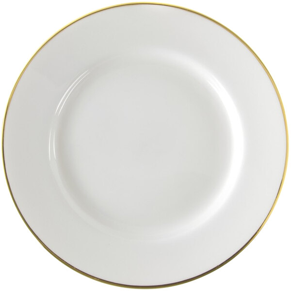 A white 10 Strawberry Street porcelain plate with gold rim.