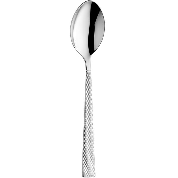 An Amefa stainless steel dessert spoon with a white handle.