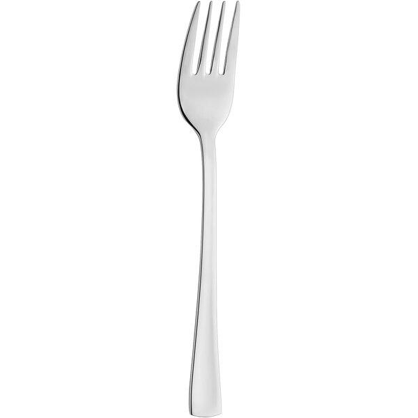 An Amefa stainless steel table fork with a black handle on a white background.