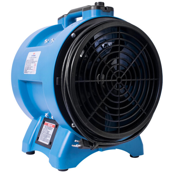 An XPOWER blue and black confined space ventilator fan with a black vent.