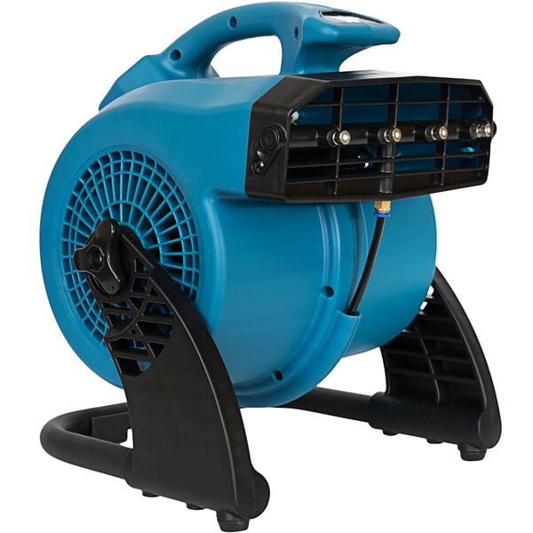 A blue and black XPOWER portable outdoor misting fan on a black stand.