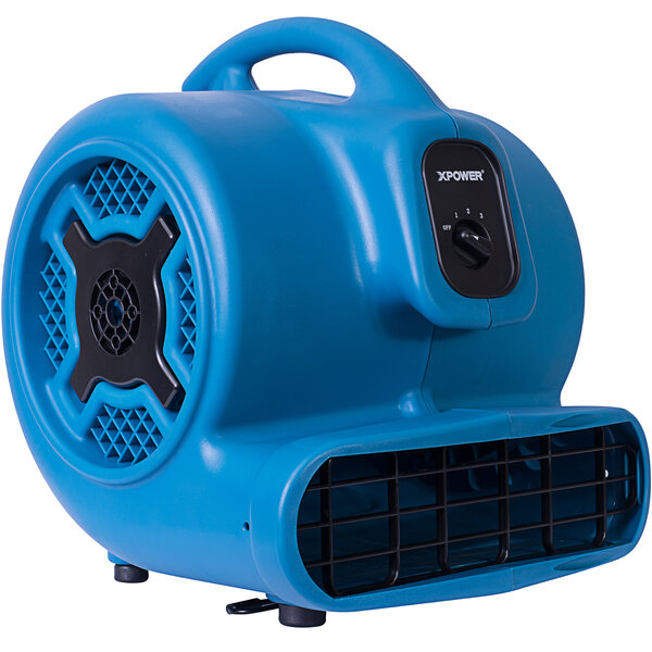 A blue XPOWER air mover with a black handle.