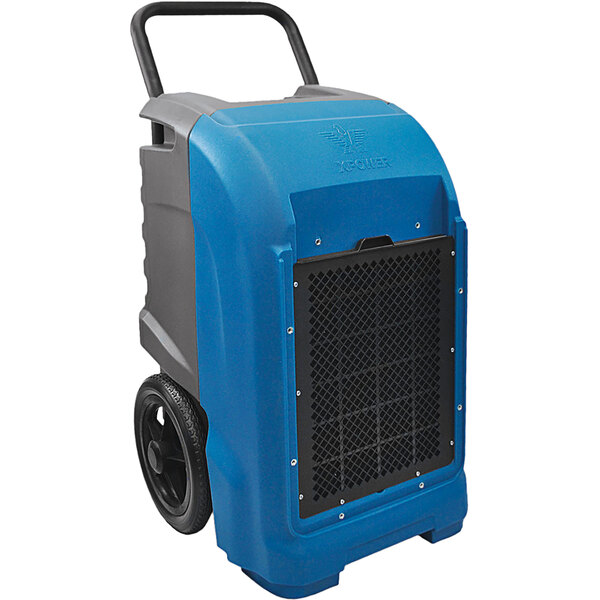 A blue and black XPOWER commercial dehumidifier with black wheels.