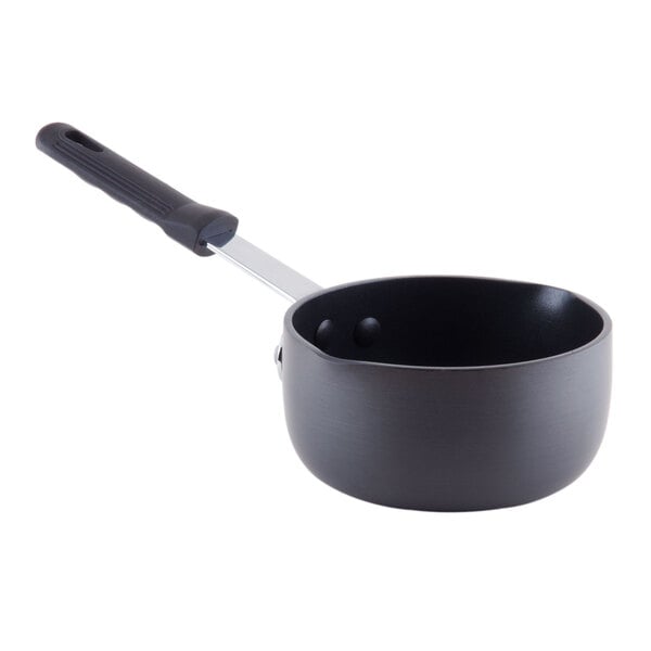 A close-up of a black Thunder Group anodized aluminum sauce pan with a handle.
