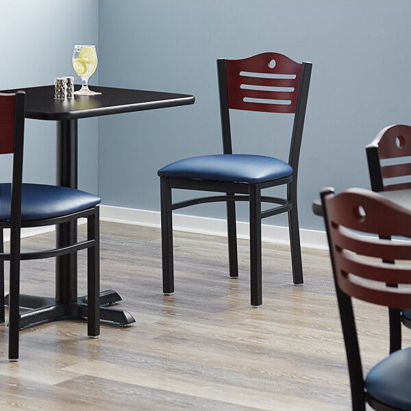 Lancaster Table & Seating Black Finish Bistro Chair with Navy Vinyl Seat and Mahogany Wood Back