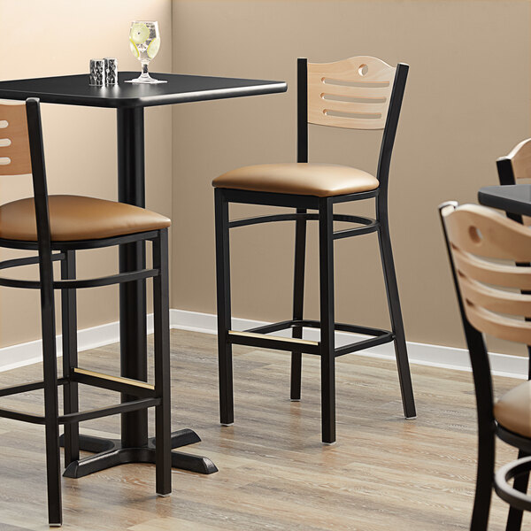 Lancaster Table & Seating Black Finish Bistro Bar Stool with Light Brown Vinyl Seat and Natural Wood Back