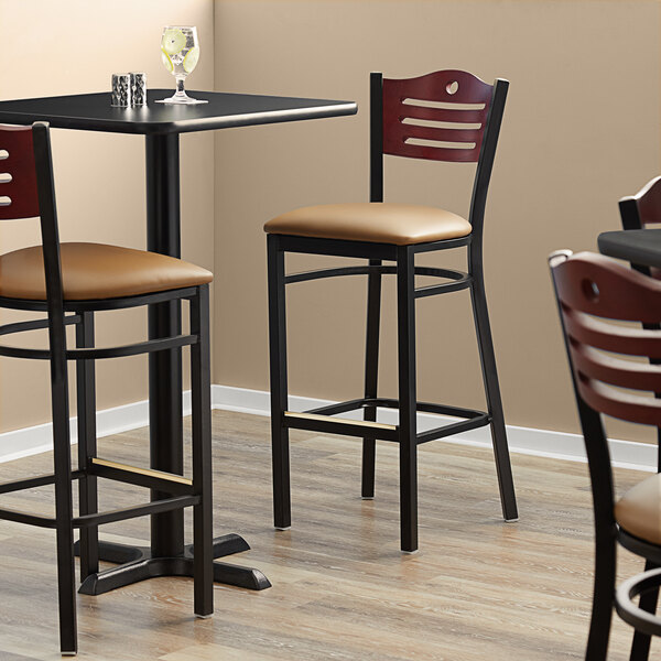Lancaster Table & Seating Black Finish Bistro Bar Stool with Light Brown Vinyl Seat and Mahogany Wood Back