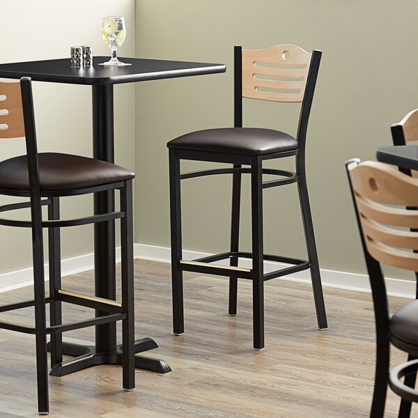 Lancaster Table & Seating Black Finish Bistro Bar Stool with Dark Brown Vinyl Seat and Natural Wood Back