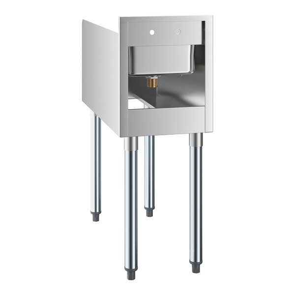A stainless steel station with four legs, an open front, and a small integrated sink at the top.