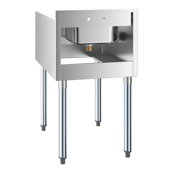 A stainless steel station with four legs, an open front, and a small integrated sink at the top.