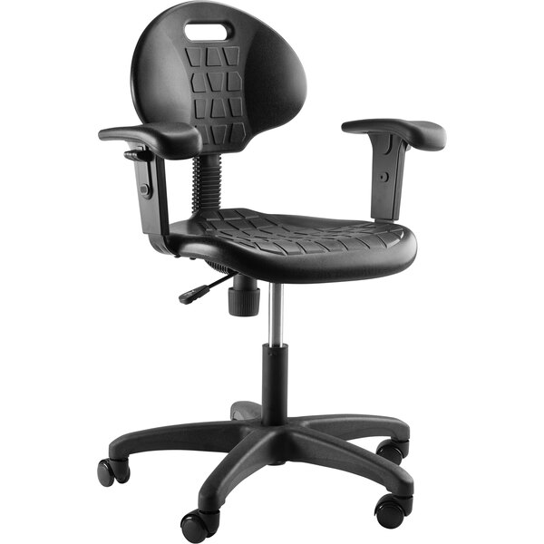 A black National Public Seating office stool with wheels and arms.