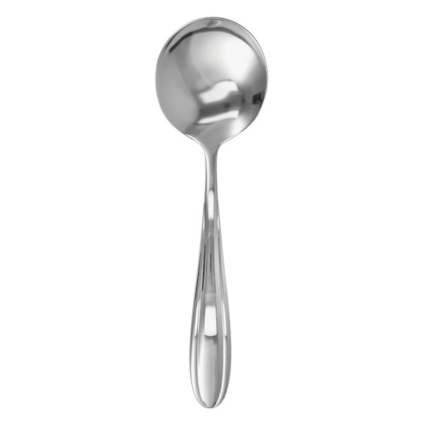 A close-up of a Walco Bellwether stainless steel bouillon spoon with a handle.