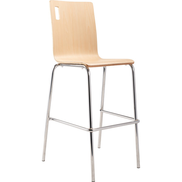 A National Public Seating Bushwick bar height cafe chair with a natural wood finish and metal frame.