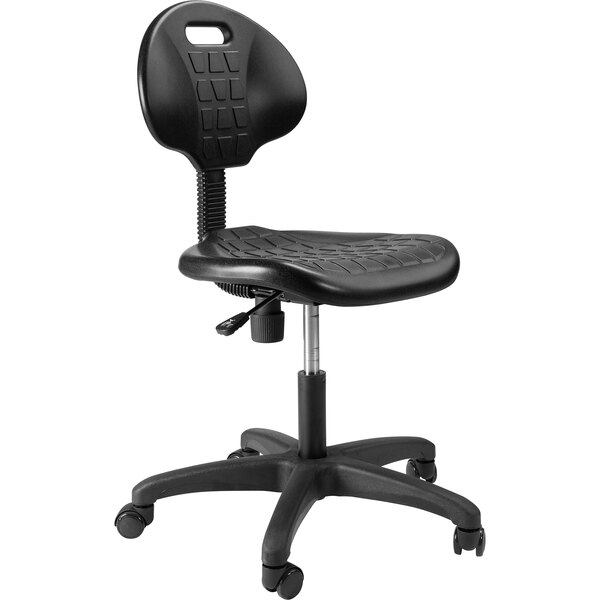 A black National Public Seating Kangaroo Swivel Industrial Stool with wheels.