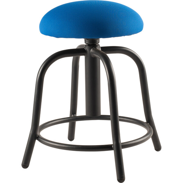 A National Public Seating cobalt blue stool with black legs.