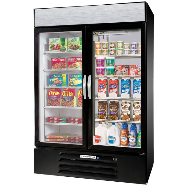 A Beverage-Air black refrigerator with glass doors and shelves.