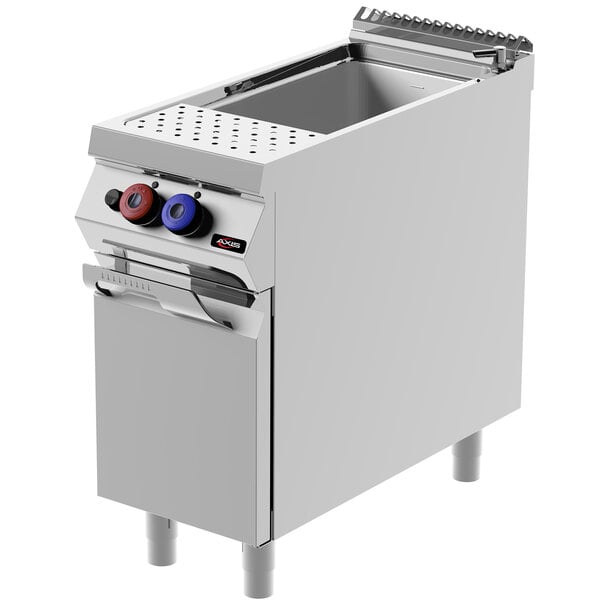 An Axis stainless steel gas pasta cooker with a lid.