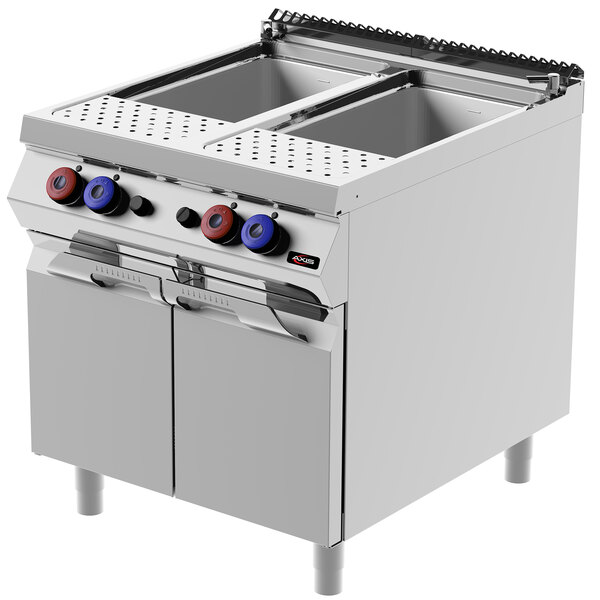 An Axis stainless steel dual tank gas pasta cooker on a counter.