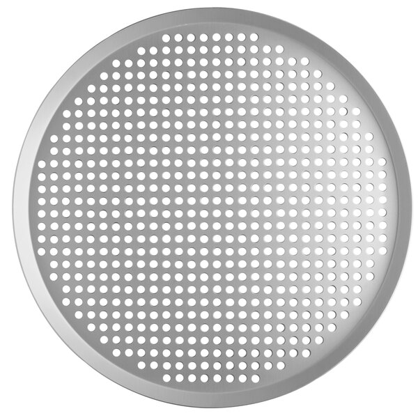 A close-up of a Vollrath 18" Super Perforated Clear Coat Anodized Heavy Weight Aluminum Pizza Pan.