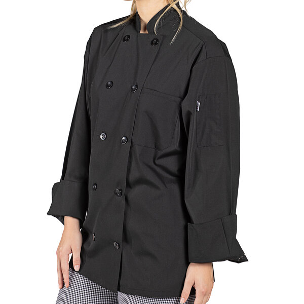 Uncommon Threads Classic Poplin 0413 Unisex Lightweight Black Customizable Long Sleeve Chef Coat with 10 Buttons