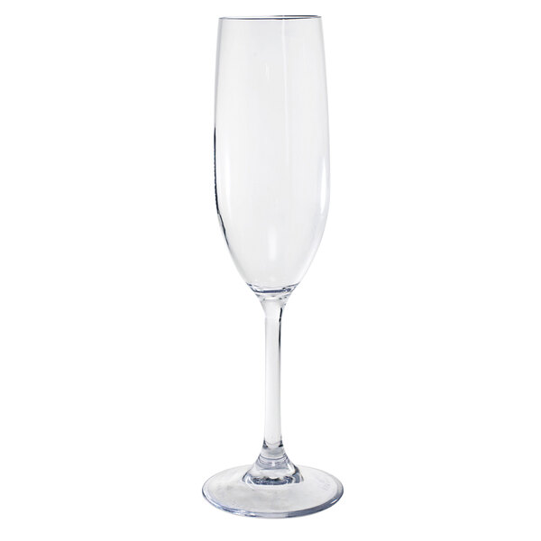 A Front of the House Drinkwise clear plastic champagne flute with a thin stem.