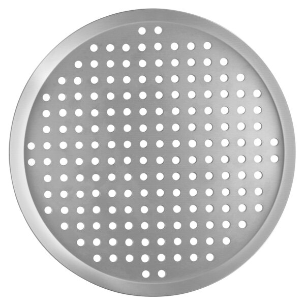 A Vollrath heavy weight aluminum pizza pan with perforations.