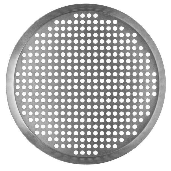 A close-up of a Vollrath Super Perforated Heavy Weight Aluminum Pizza Pan with holes in it.