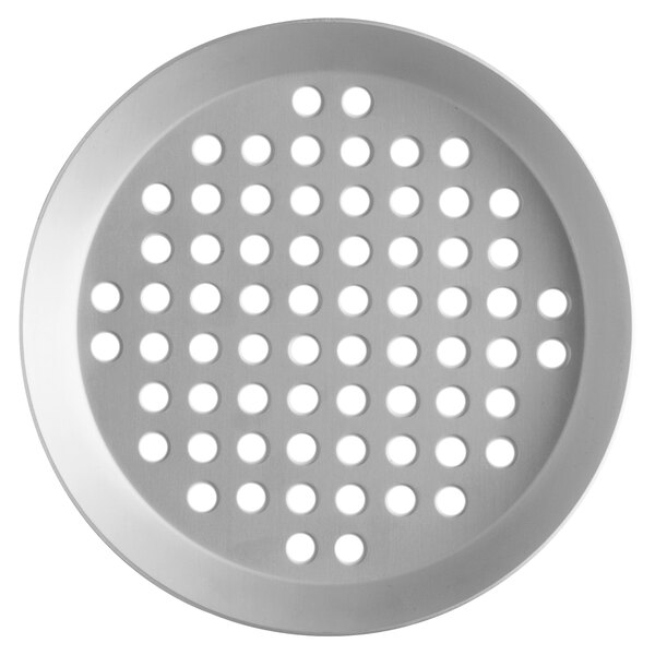 A white metal Vollrath pizza pan with holes in it.